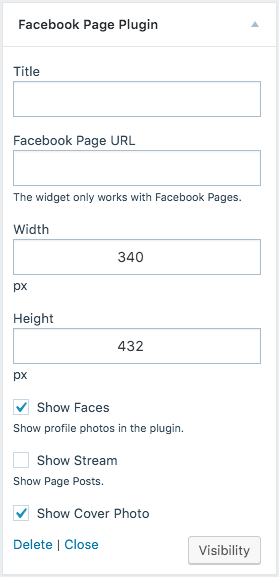 The Facebook Page Plugin (widget) settings with options for a Title, Page URL, Width, Height, and other settings. 