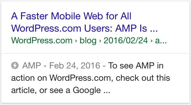 A Google Search result showing the AMP badge.