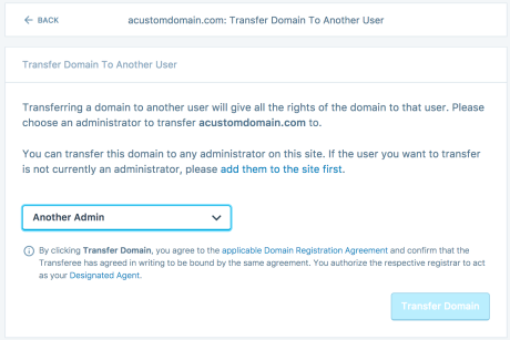 Informationsbildschirm für die Übertragung der Domain-Inhaberschaft