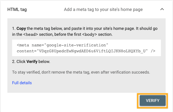 the HTML tag option in Google Webmaster tools with a box drawn around the Verify button.