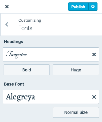 The Customizing Fonts panel with the Headings option set to Tangerine, the font style set to bold and the font size set to huge. 
