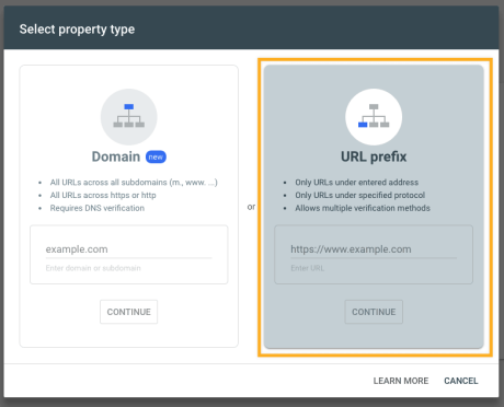 the "Select property type" screen with a box around the URL prefix option.