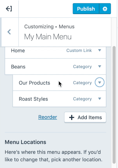 uma animação mostrando um item do menu ampliado com a opção de alterar o rótulo de navegação.