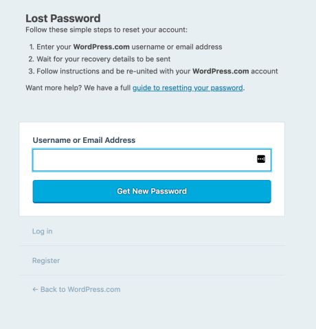Screenshot des Formulars für ein verlorenes Passwort