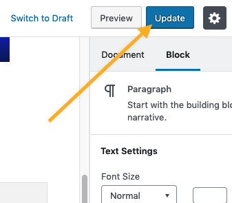 The Update button is marked with an orange arrow