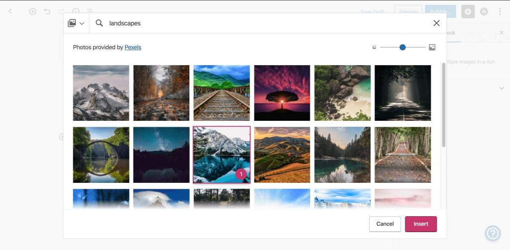 Select the image you want to add to your site from the Free Photo Library within the editor.