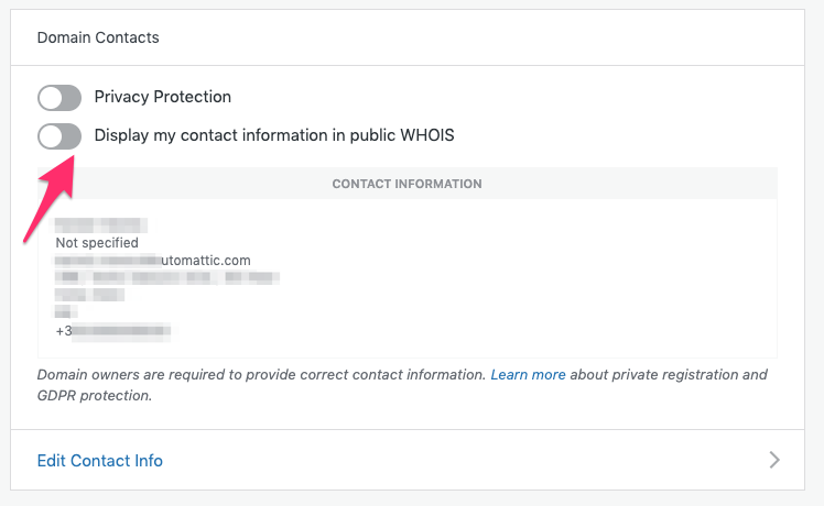 Kontaktinformationen in der öffentlichen WHOIS-Datenbank anzeigen