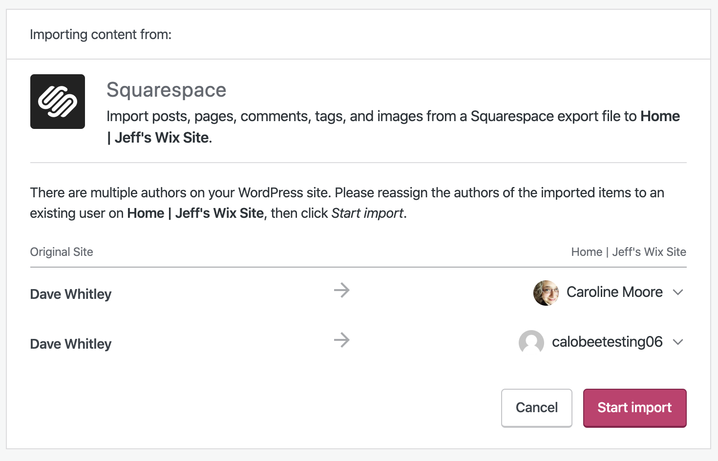 Squarespace importer author assignment screen