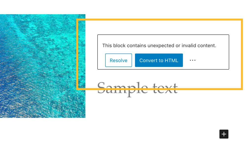Screenshot: l'immagine mostra un blocco in cui viene visualizzato un errore. Il blocco con l'errore mostra il messaggio "Questo blocco contiene contenuto inaspettato o non valido". 