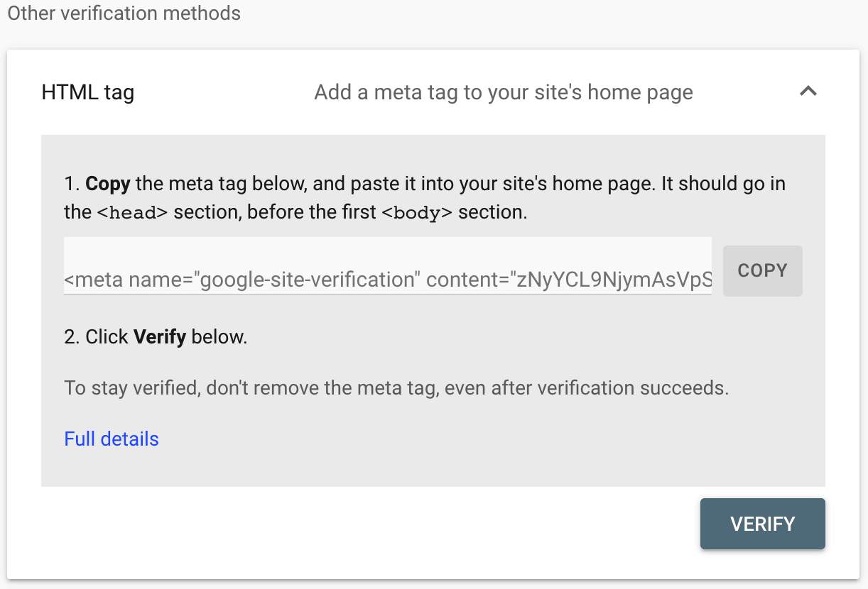 the HTML tag option in Google Webmaster tools expanded to display the copy meta tag option.