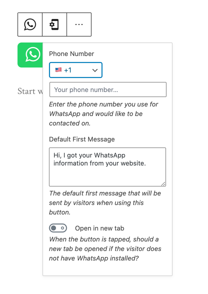Screenshot che mostra come personalizzare il blocco Pulsante WhatsApp