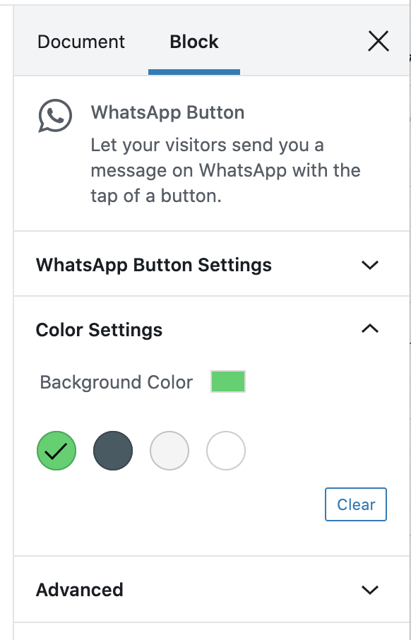 Une capture d’écran du panneau Réglages des couleurs du bloc Bouton WhatsApp