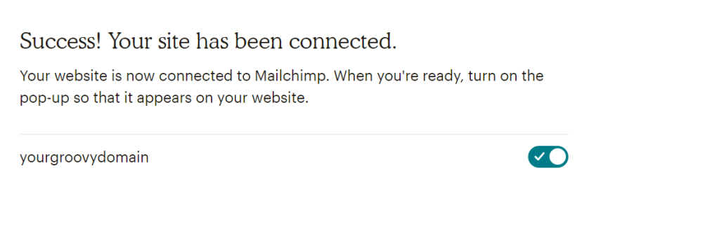 A notice shows "Success! Your site has been connected."
