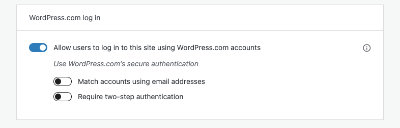 Uma captura de tela da área Gerenciar > Configurações > Segurança que mostra o botão “Permitir que os usuários façam login neste site usando contas do WordPress.com” ativado