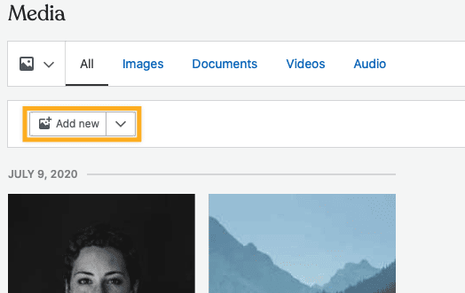 a Media heading with the different filter options (All, Images, Documents, Videos, Audio) below. Below the menu, the "Add new" button with a box drawn around it.