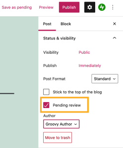the Post settings right sidebar menu with the "Pending Review" option checked and a box drawn around the "Pending Review" option.