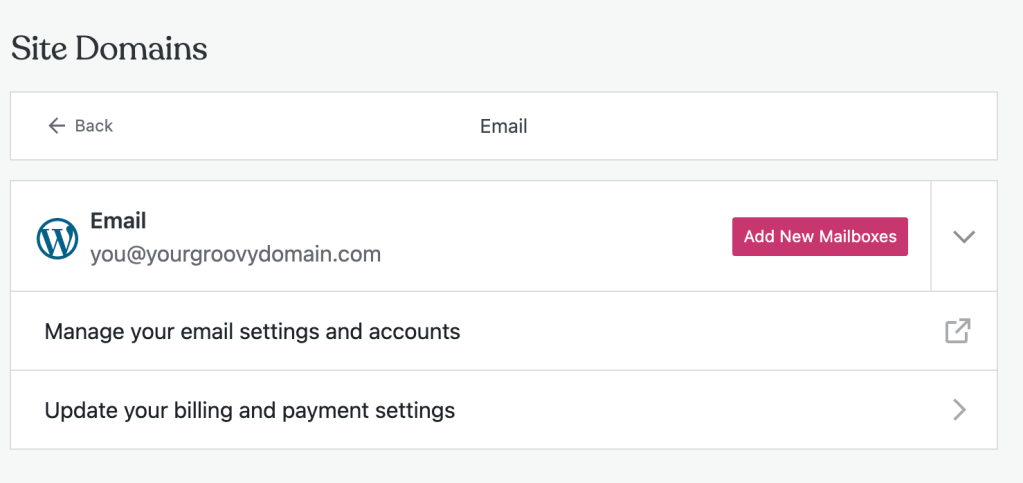 La pantalla de Correo electrónico, con un dominio y el botón Añadir nuevos buzones de correo. 