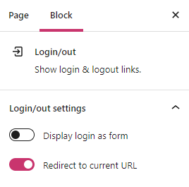 Configurações do bloco de login/logout