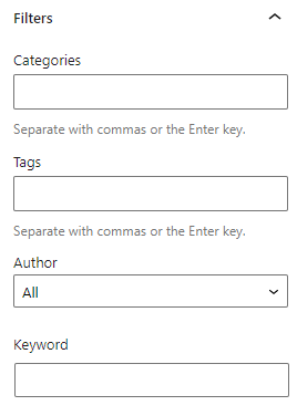The Filters setting shows boxes to narrow down by categories, tags, author, and keyword.