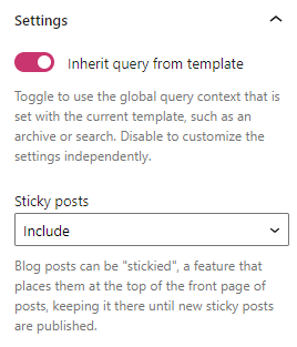 Configuración del bloque Lista de contenidos mostrando la opción “Heredar consulta de la plantilla”.