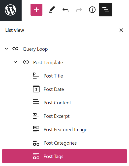 List view expanded to display the different blocks within the Query Loop.