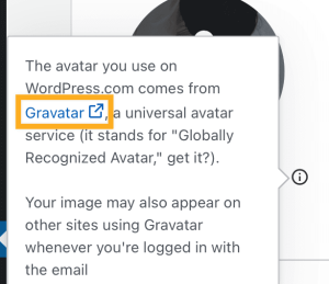 the pop up that appears after clicking the info icon with the "Gravatar" text link highlighted.