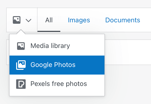 Der Button für die Medienquelle ist ausgewählt und „Google Fotos“ ist hervorgehoben.