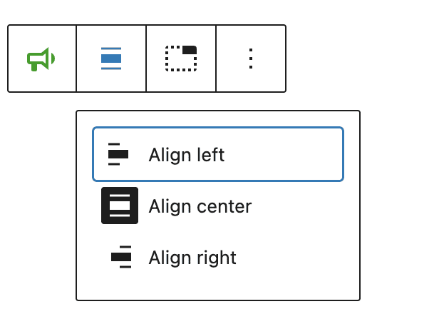 Se muestra la opción Alineación en la barra de herramientas del bloque Anuncio.