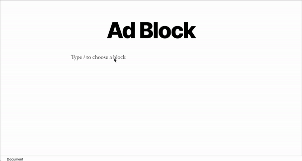 En GIF-bild som visar processen med att lägga till och använda blocket Annons.
