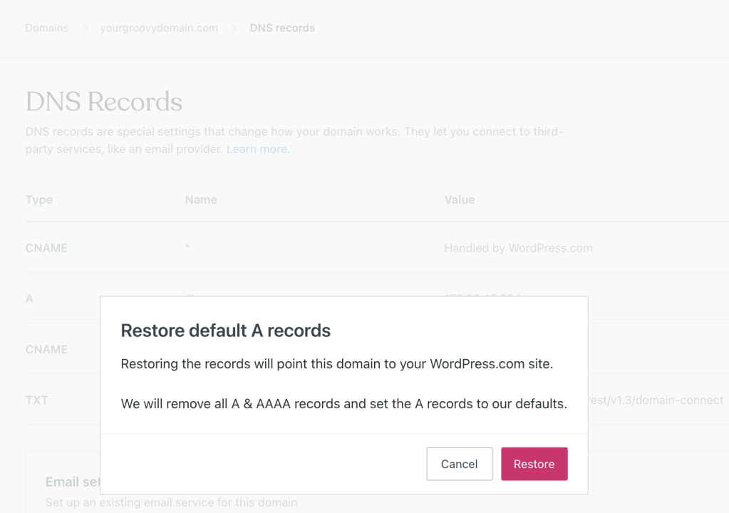 Confirm restoring default A records
