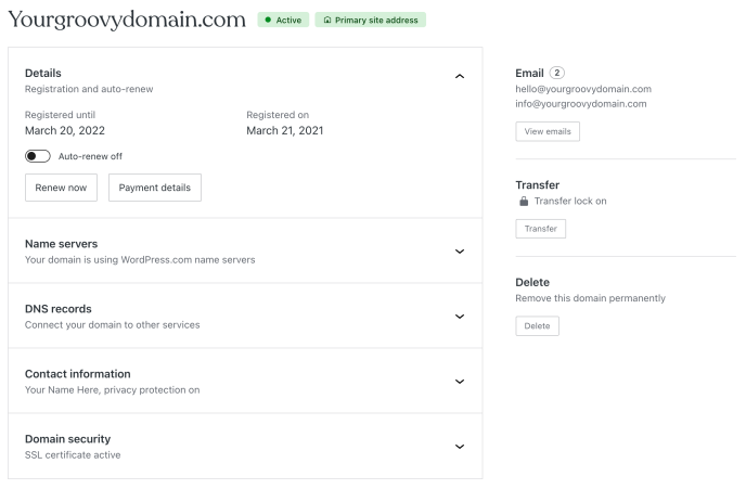 The domain settings screen shows a summary of the information about the site domain, including registration date, auto-renewal state, and expandable components for name servers, DNS records, contact information, and domain security.