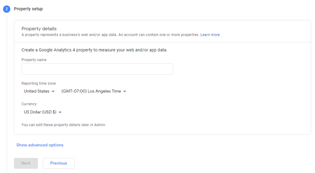 Google Analytics Property Setup screen