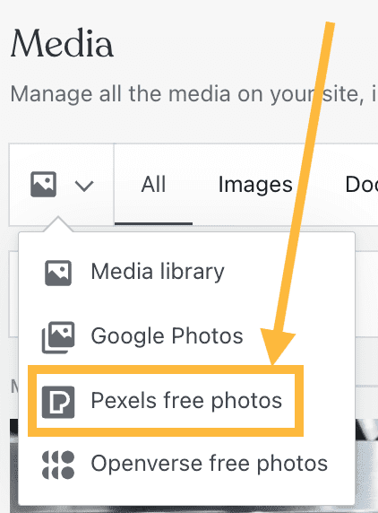 Select Pexels free photos from the media dropdown option.