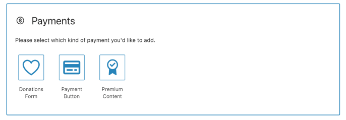 Captura de tela da introdução do bloco Pagamentos com as opções os blocos Formulário de doações, Botão de pagamento e Conteúdo premium.
