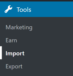 Tools in the WP dashboard, with Import highlighted.