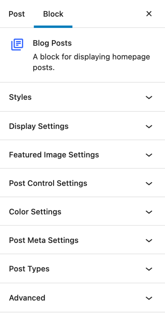 The Blog Posts block settings in the right sidebar
