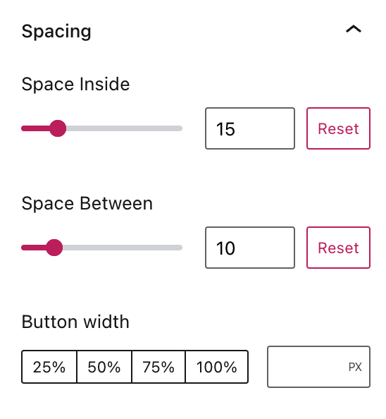 The Spacing option in the Block Settings  sidebar with the option to set the space inside the button and between the button and the sign up  field. 