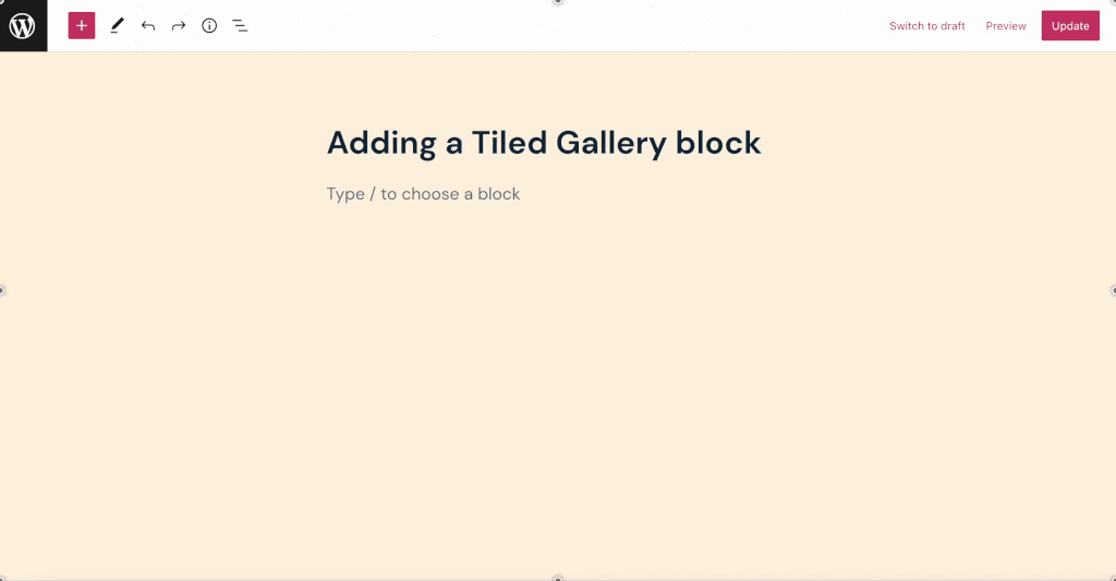 Adding a Tiled Gallery block.