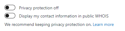 The following options are shown: Privacy protection off. Display my contact information in public WHOIS.