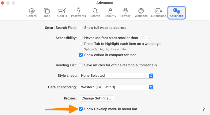 Screenshot showing "Show Develop menu in menu bar" option in Safari Advanced Preferences.