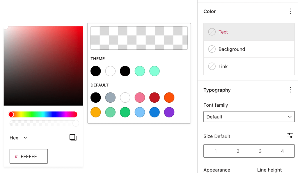 テキスト色オプションを選択。色見本と16進コードの選択肢が開いている。