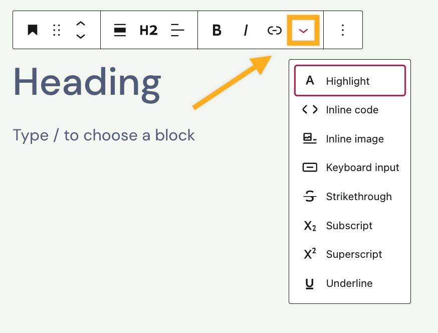 Screenshot delle opzioni di formattazione del blocco Titolo. 