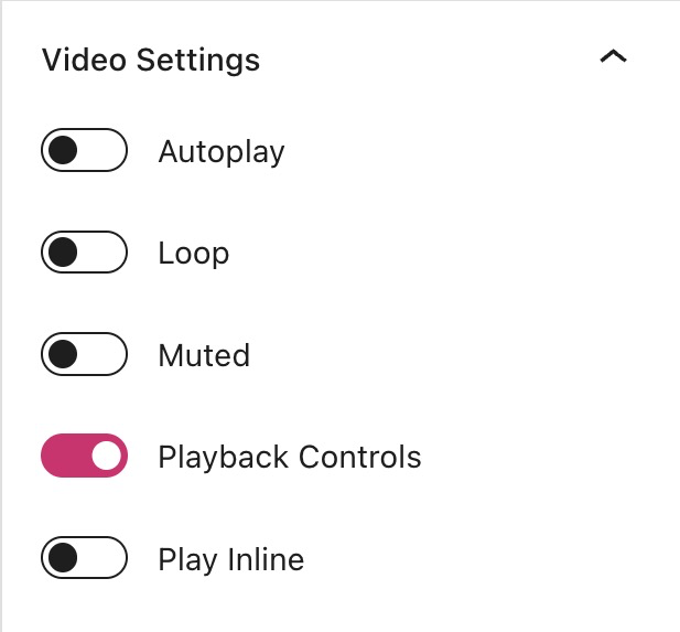 Video block settings: Autoplay, Loop, Muted, Playback Controls, Play Inline.