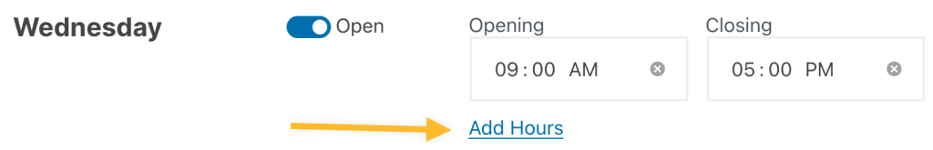 A screenshot on how to add more hours on the Business Hours block.