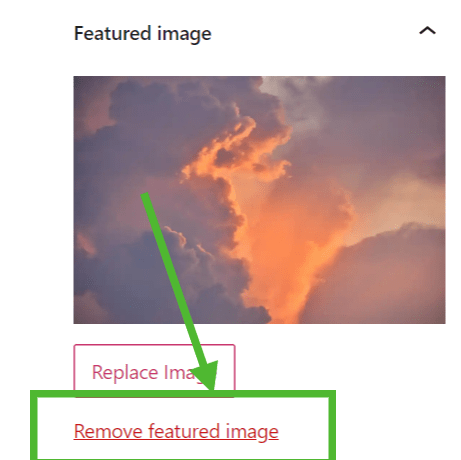 The Remove Featured Image option is marked with an arrow.