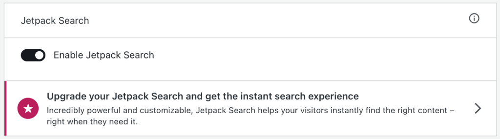 Jetpack Search가 활성화된 성능 설정의 Jetpack Search 섹션. 