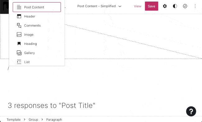 הבלוק 'תוכן הפוסט' נוסף באמצעות קיצור מקלדת בהקלדה של ‎/post content בשדה 'להוסיף בלוק'. 