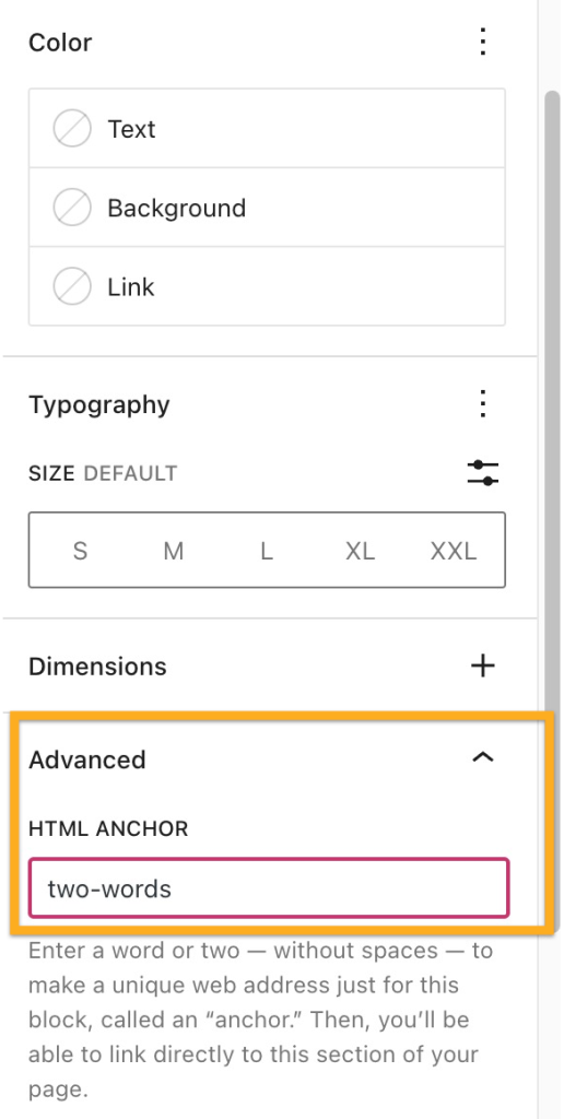 在「HTML 錨點」區段新增兩個以連字號相連的文字，建立頁面跳轉。