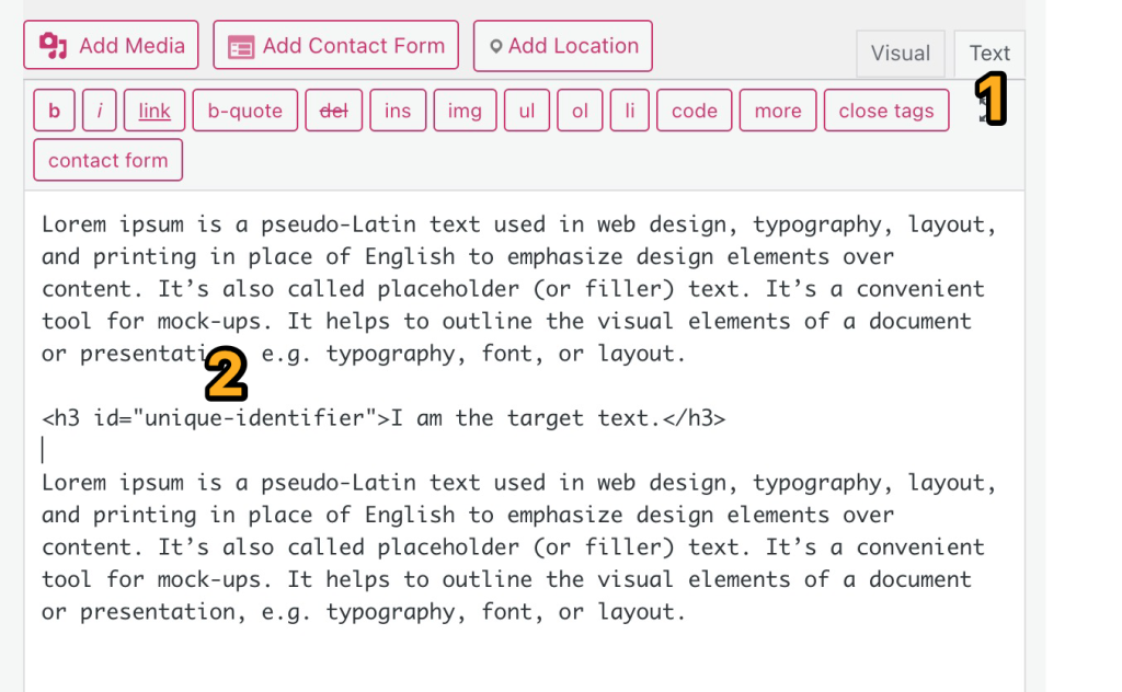 Så här lägger du till ett HTML-ID för att skapa ett sidhopp i den klassiska redigeraren.