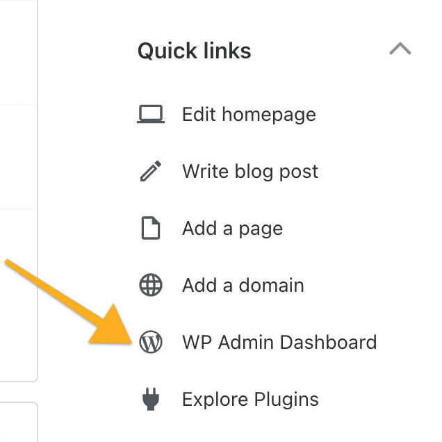 Comment accéder au tableau de bord WP Admin à partir de la section Liens rapides du tableau de bord de  WordPress.com.